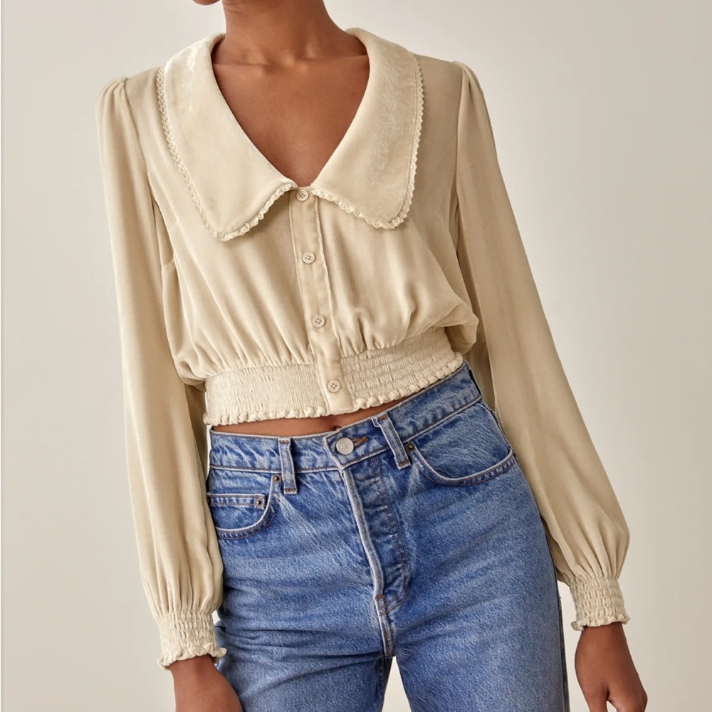 Reformation Cream Button-Front Smocked Hem Blouse